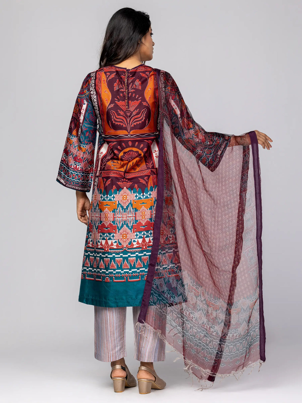 Eggplant/Teal Printed and Embroidered Silk Shalwar Kameez Set