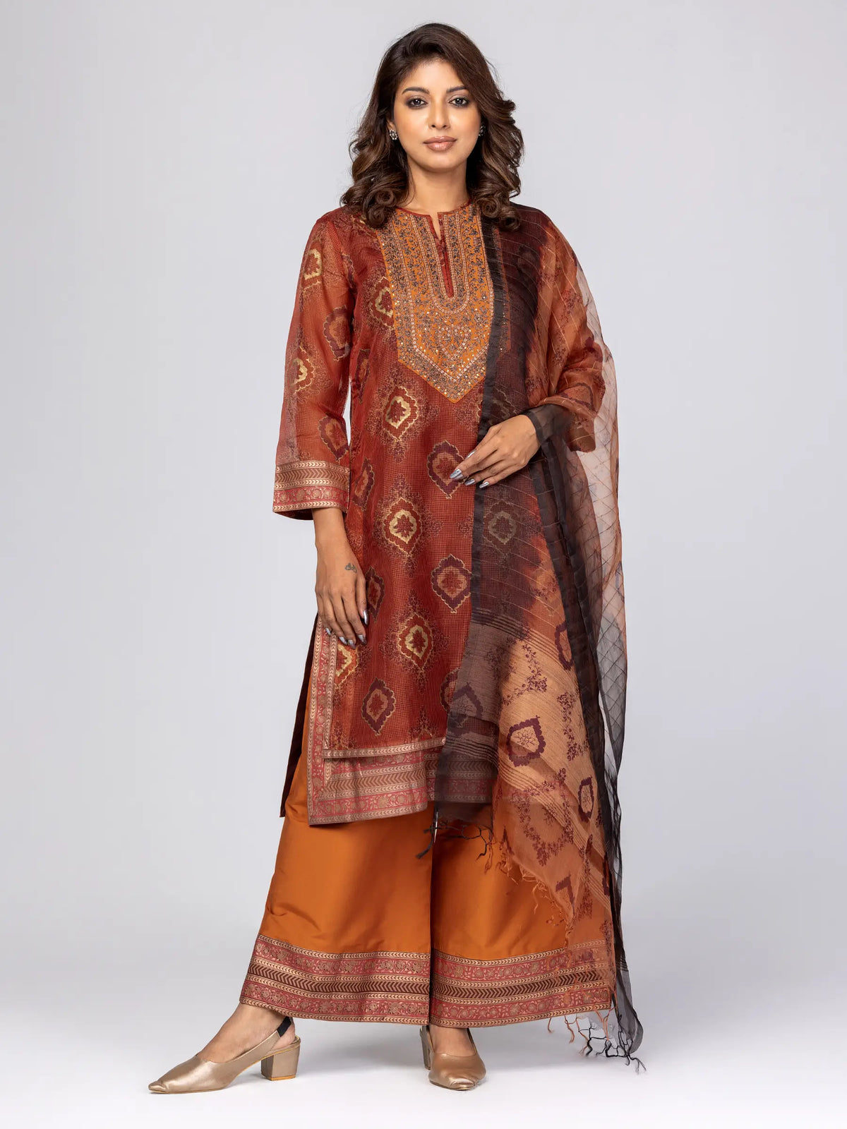 Rust Printed and Embroidered Muslin-Silk Shalwar Kameez