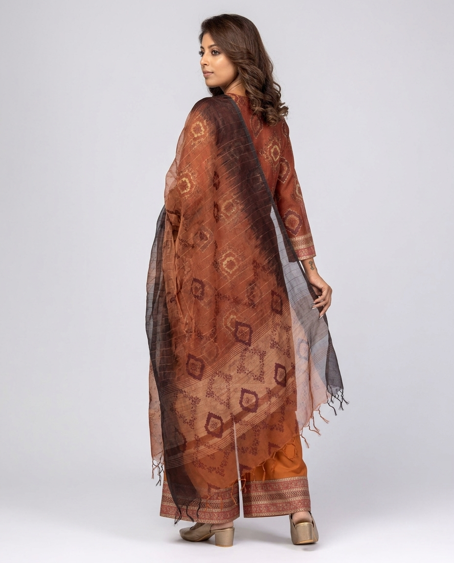 Rust Printed and Embroidered Muslin-Silk Shalwar Kameez