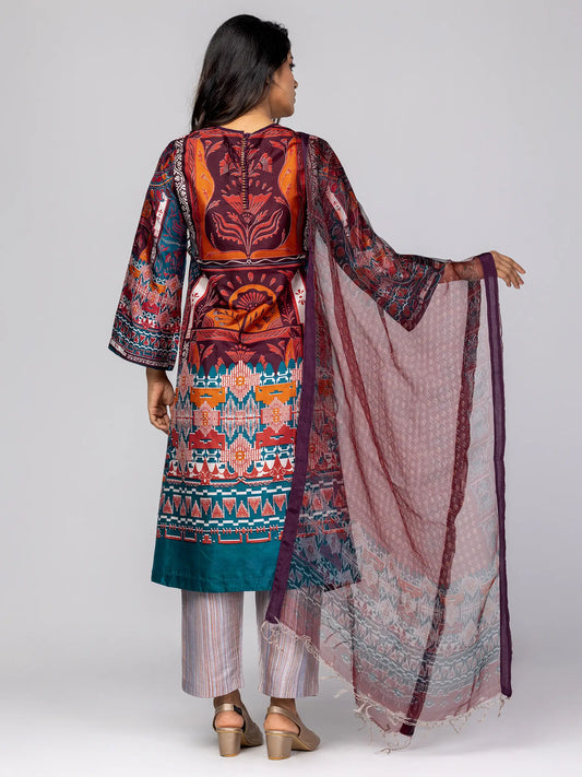 Eggplant/Teal Printed and Embroidered Silk Shalwar Kameez Set