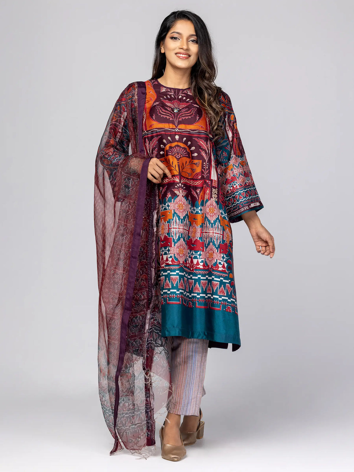 Eggplant/Teal Printed and Embroidered Silk Shalwar Kameez Set