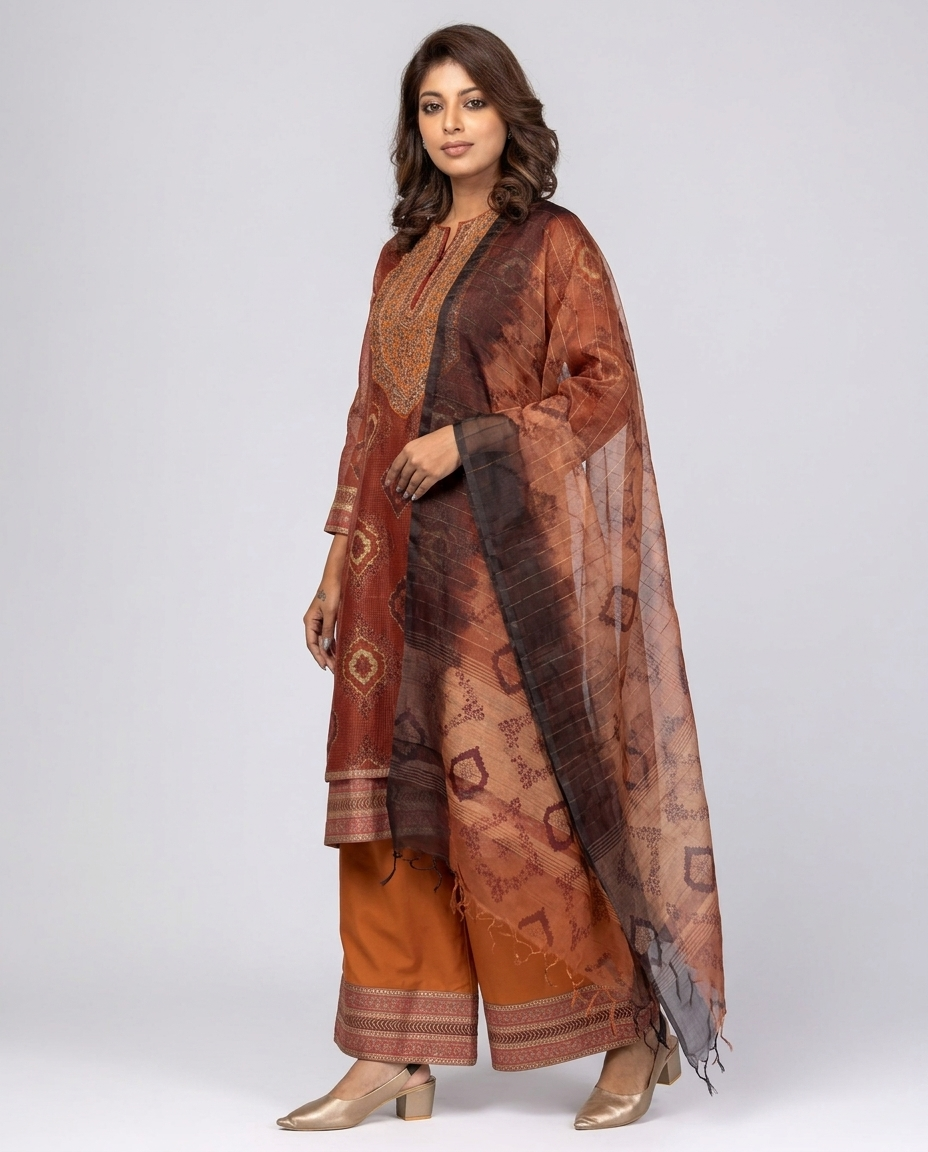 Rust Printed and Embroidered Muslin-Silk Shalwar Kameez