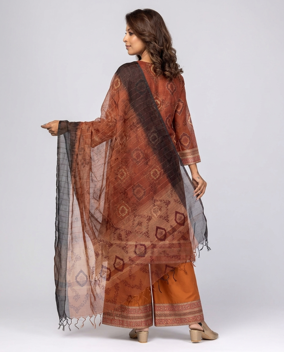 Rust Printed and Embroidered Muslin-Silk Shalwar Kameez