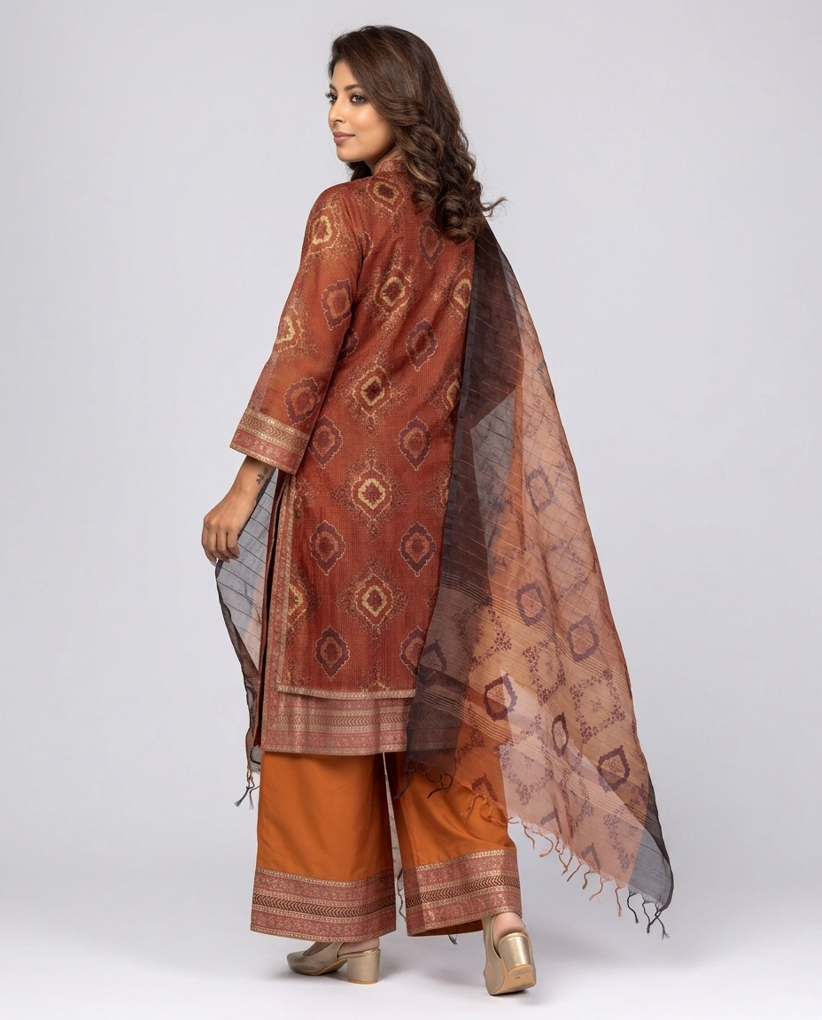 Rust Printed and Embroidered Muslin-Silk Shalwar Kameez